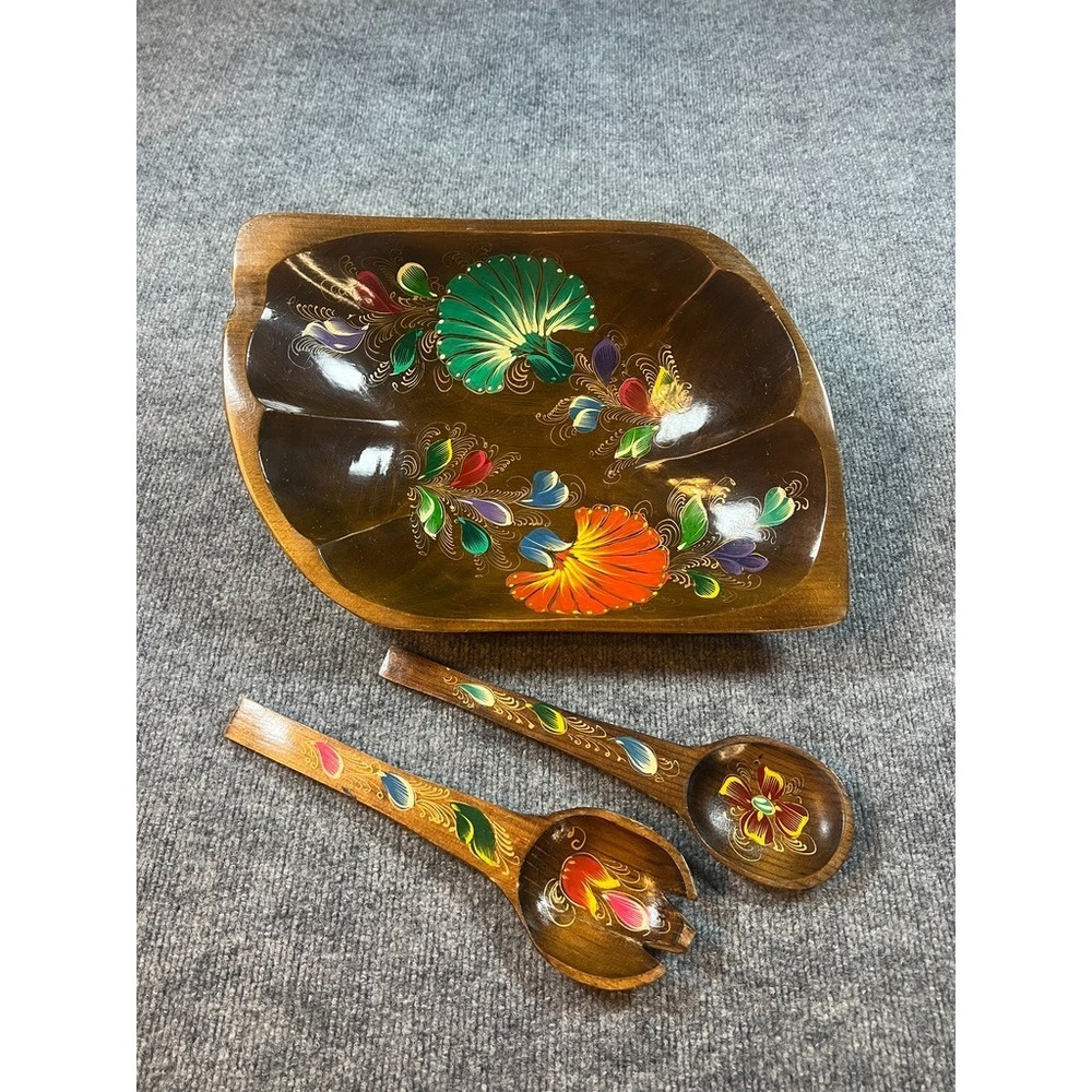 Vintage Hand Painted Wooden Salad Bowl Set Fork & Spoon Floral Folk Art MCM